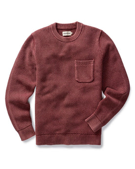 flatlay of The Crawford Crew Sweater in Dried Cherry, Knits by Taylor Stitch