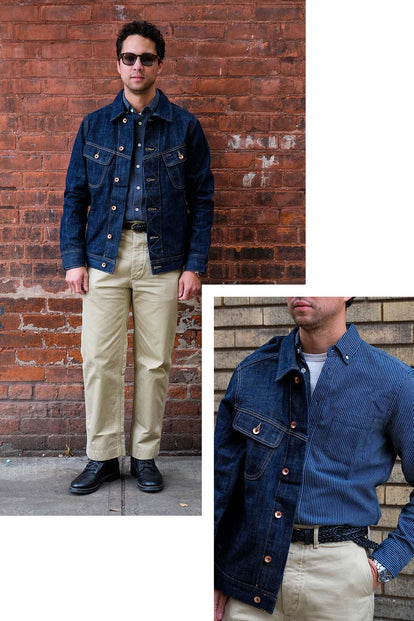 fit model posing in The Long Haul Jacket in Rinsed Organic Selvedge and The Jack in Roped Indigo