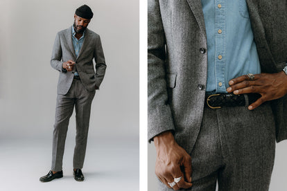 fit model posing in The Stevens Sportcoat and Trouser in Slate Herringbone Wool