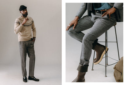 fit model wearing The Stevens Trouser in Slate Herringbone Wool