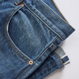 material shot of the selvedge detail on The Democratic Jean in Mid Wash Organic Selvedge, Bottoms by Taylor Stitch