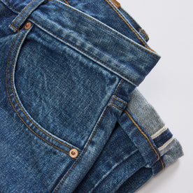 material shot of the selvedge detail on The Slim Jean in Mid Wash Organic Selvedge, Bottoms by Taylor Stitch