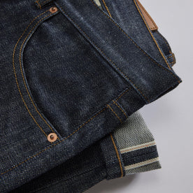 material shot of the selvedge detail on The Slim Jean in Rigid Organic Selvedge, Bottoms by Taylor Stitch