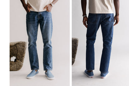 Split shot showing our guy from the front and back, in a Democratic fit selvedge jeans and a plain white tee.