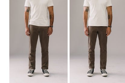 fit model posing in The Democratic and Slim Foundation Pant in Organic Espresso.