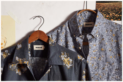 editorial image of The Conrad Shirt in Dark Blue Floral and The Short Sleeve Jack in Light Blue Floral