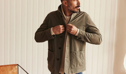 fit model wearing The Ojai Jacket in Organic Smoked Olive Foundation Twill