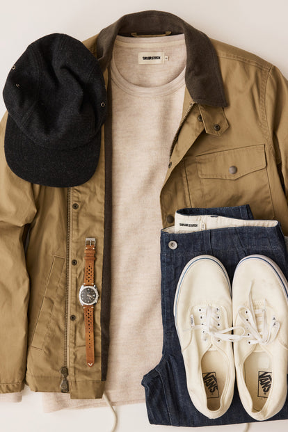 editorial flatlay of The Deck Jacket in Khaki Dry Wax