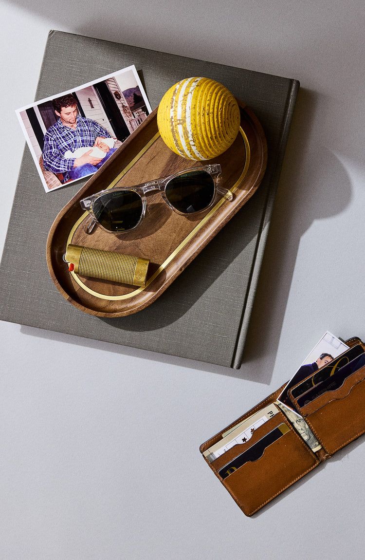 editorial flatlay of accessories for Fathers Day