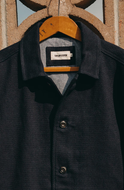 editorial image of The Crew Jacket in Raw Indigo Sashiko on a hanger