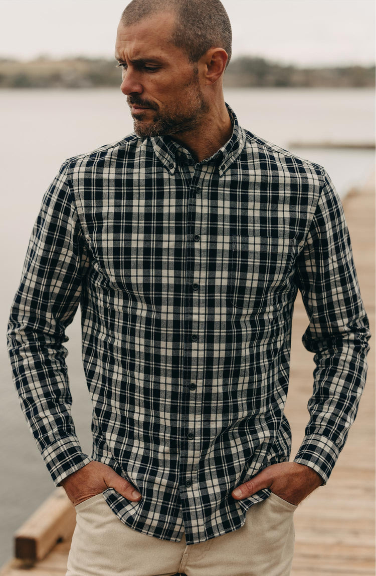 fit model showing off buttons on The Jack in Rinsed Indigo Plaid