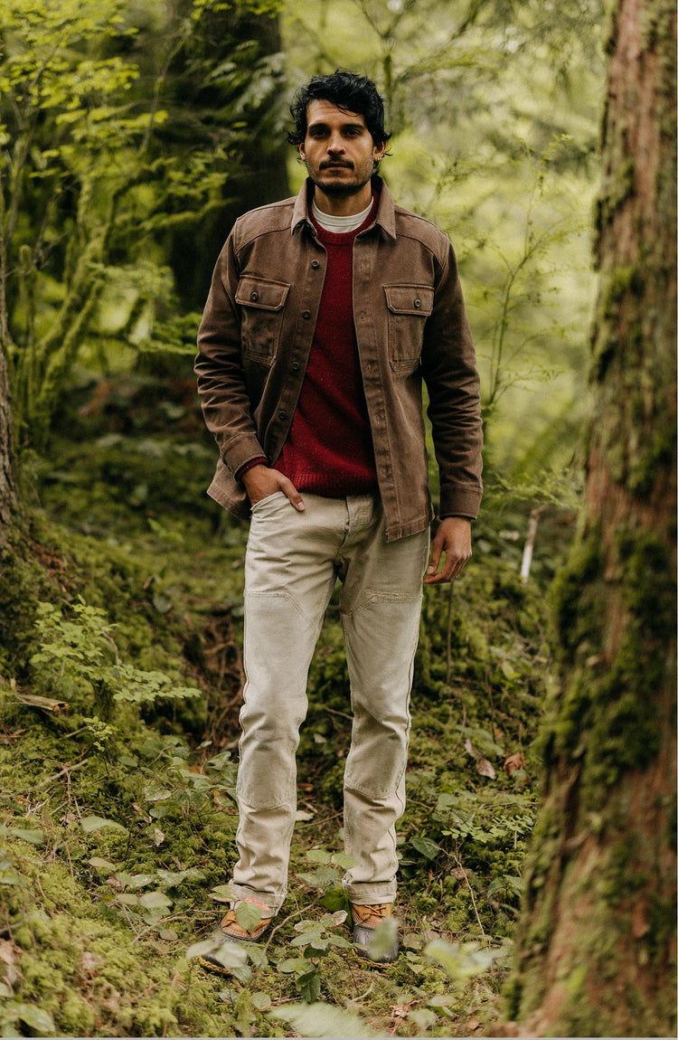 fit model posing in The Shop Shirt in Aged Penny Chipped Canvas