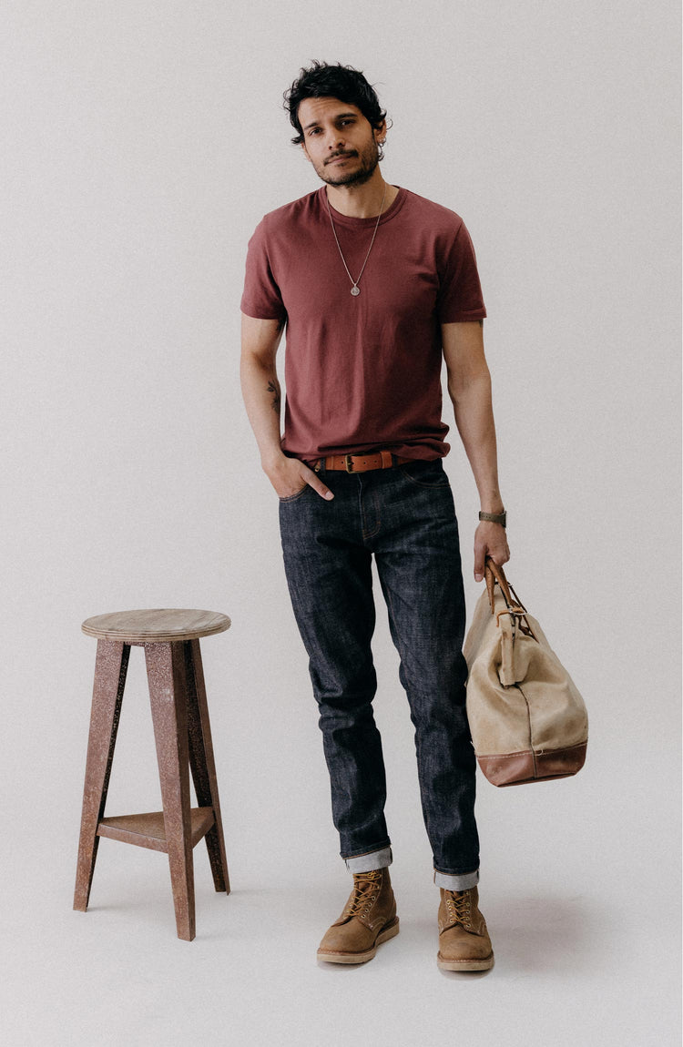 fit model posing in The Slim Jean in Rigid Organic Selvedge