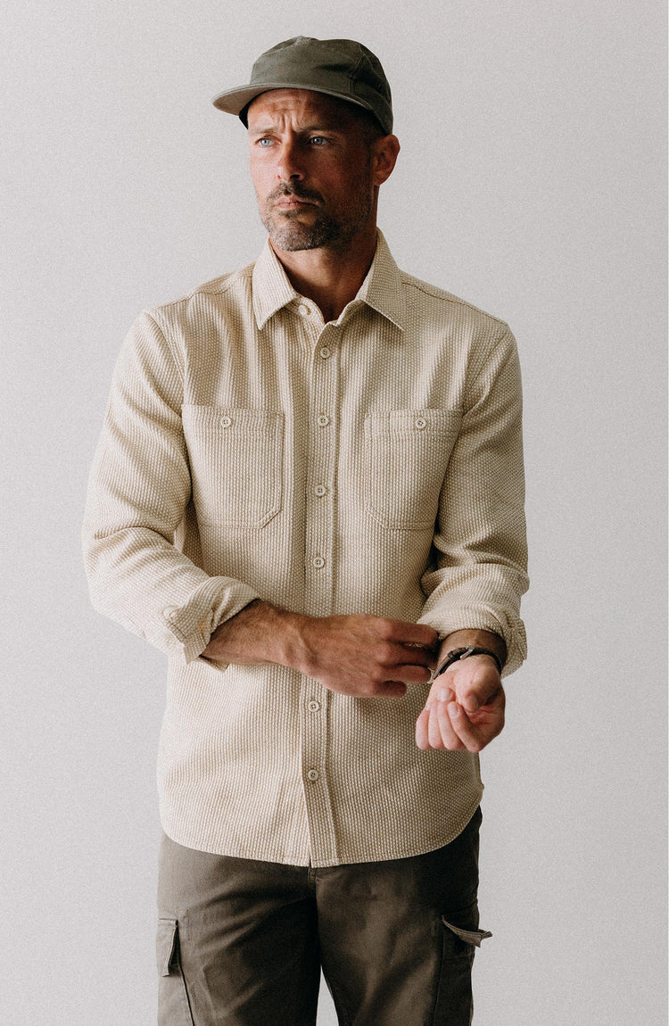 fit model posing in The Utility Shirt in Natural Sashiko