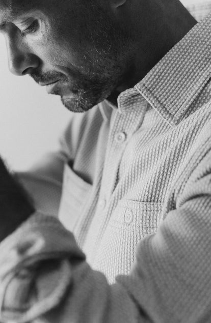 fit model showing off the texture on The Utility Shirt in Natural Sashiko