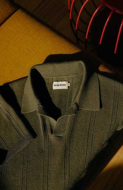 editorial image of the collar on The Valencia Sweater Polo in Cilantro Rib