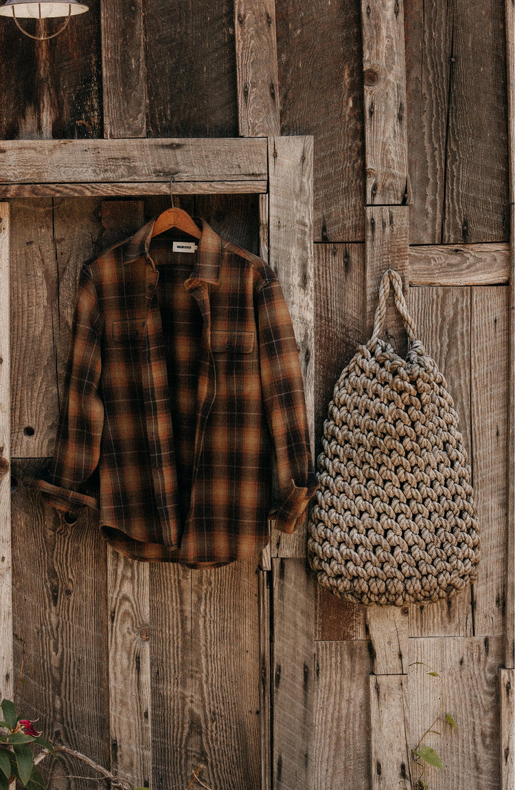 editorial image of The Yosemite Shirt in Bonfire Plaid hanging