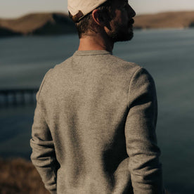 fit model showing off the back of The Evans Crew in Dark Ash Birdseye Wool, Knits by Taylor Stitch