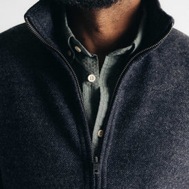 fit model showing off the collar on The Evans Jacket in Navy Birdseye Wool, Knits by Taylor Stitch