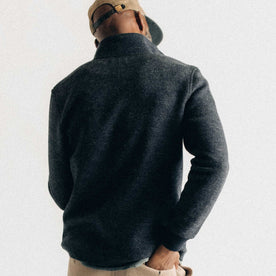 fit model showing off the back of The Evans Jacket in Navy Birdseye Wool, Knits by Taylor Stitch