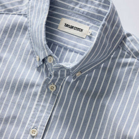 material shot of the collar on The Jack in Blue Sky Stripe Oxford, Wovens by Taylor Stitch