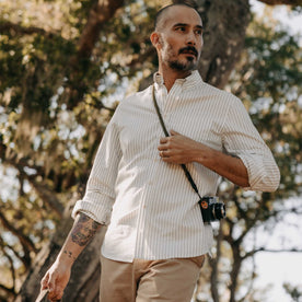 fit model walking wearing The Jack in White Stripe Oxford, Wovens by Taylor Stitch