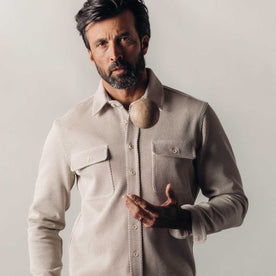 fit model showing off The Ledge Shirt in Flax Twill, Wovens by Taylor Stitch