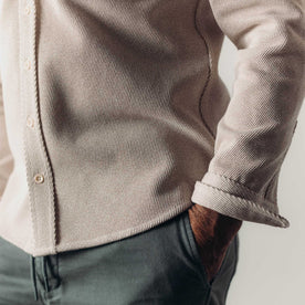 fit model showing the cuffs on The Ledge Shirt in Flax Twill, Wovens by Taylor Stitch