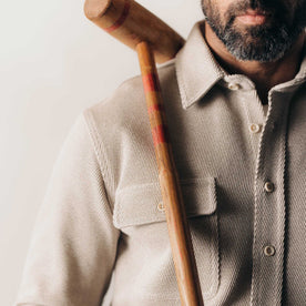 fit model showing off texture on The Ledge Shirt in Flax Twill, Wovens by Taylor Stitch