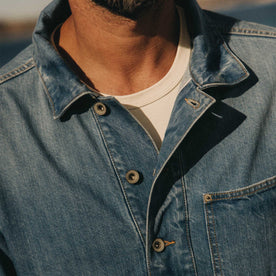 fit model showing off the collar on The Milton Pullover in Washed Selvedge Denim, Wovens by Taylor Stitch