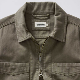 material shot of the collar on The Station Jacket in Fatigue Olive Broken Twill, Outerwear by Taylor Stitch