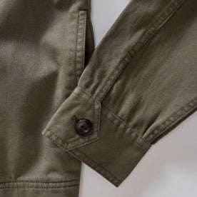 material shot of the cuffs on The Station Jacket in Fatigue Olive Broken Twill, Outerwear by Taylor Stitch