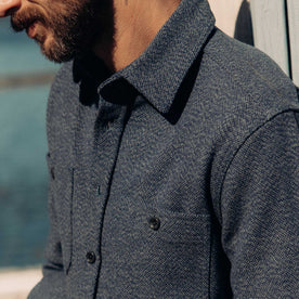 fit model showing off the shoulders on The Utility Shirt in Indigo Ash Wool Canvas, Wovens by Taylor Stitch