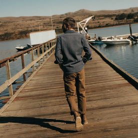 fit model walking wearing The Utility Shirt in Indigo Ash Wool Canvas, Wovens by Taylor Stitch