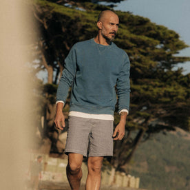 fit model walking wearing The Apres Crew in Washed Indigo Terry, Knits by Taylor Stitch