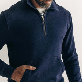 fit model showing off The Apres Quarter Zip in Rinsed Indigo Terry, Knits by Taylor Stitch