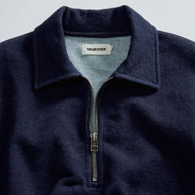 material shot of the collar on The Apres Quarter Zip in Rinsed Indigo Terry, Knits by Taylor Stitch