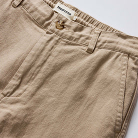 material shot of the waistband on The Carmel Pant in Heather Khaki Cotton Linen, Bottoms by Taylor Stitch