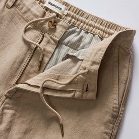 material shot of the zipper on The Carmel Pant in Heather Khaki Cotton Linen, Bottoms by Taylor Stitch