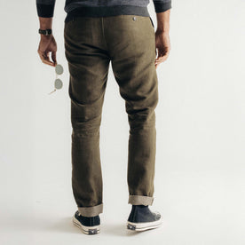 fit model showing off the back of The Carmel Pant in Heather Olive Cotton Linen, Bottoms by Taylor Stitch