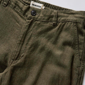 material shot of the waistband on The Carmel Pant in Heather Olive Cotton Linen, Bottoms by Taylor Stitch