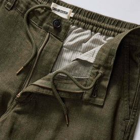 material shot of the zipper on The Carmel Pant in Heather Olive Cotton Linen, Bottoms by Taylor Stitch