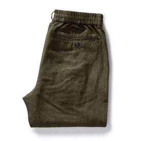 folded flatlay of the back of The Carmel Pant in Heather Olive Cotton Linen, Bottoms by Taylor Stitch