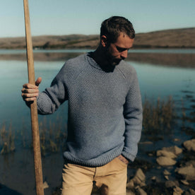 fit model posing in The Fisherman Sweater in Blue Melange, Knits by Taylor Stitch