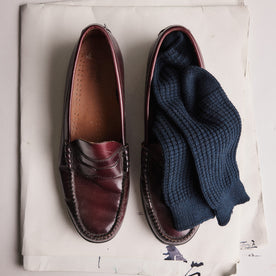 editorial image of The Waffle Sock in Dark Navy in a shoe, Accessories by Taylor Stitch