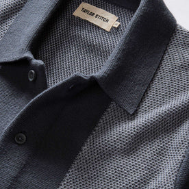 material shot of the collar on The Button Down Polo in Marine Seed Stitch, Knits by Taylor Stitch