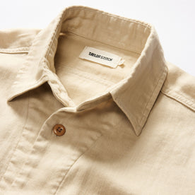 material shot of the collar on The Short Sleeve Officer Shirt in Dune Double Cloth, Wovens by Taylor Stitch