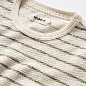 material shot of the collar on The Adams Crew in Cilantro Stripe Reverse Terry