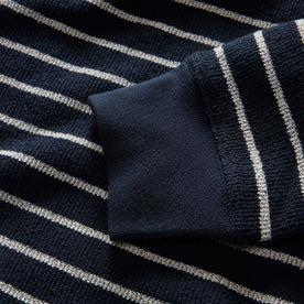 material shot of the cuff on The Adams Crew in Dark Navy Stripe Reverse Terry