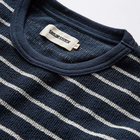 material shot of the collar on The Adams Crew in Dark Navy Stripe Reverse Terry